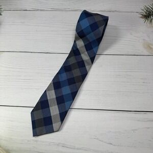 Merona Necktie Men 57" Blue Grey Plaid Textured Classic Preppy Professional
